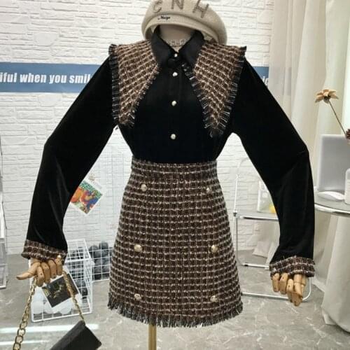 Tweed Fashion 2 Piece Set Women Vintage Long Sleeve Turn Down Collar Velvet Blouse Shirt + High Waist Plaid Skirt Suits Set