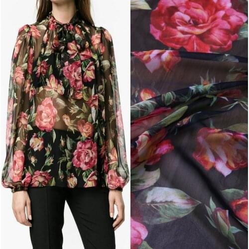 100X145cm Fashion Week Runway China Rose Flowers Black Thin Chiffon Fabric for Woman Girl Summer Long Beach Dresses Sewing