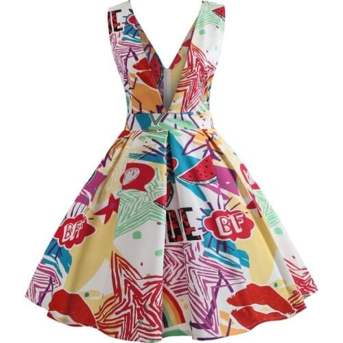 Retro Vintage Style Sleeveless with Bow 3D Skull Floral Printed 2018 Summer Women V-neck Dress A-line Party Sexy Casual Dress