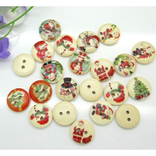 100pcs 15mm Mixed Natural Round Christmas Series Pattern Wooden Buttons For Clothes Crafts Sewing Scrapbooking DIY Accessories