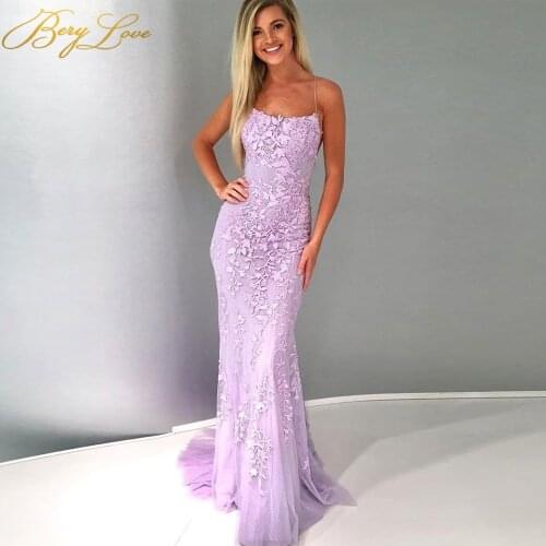 Berylove Mermaid Prom Dress Spaghetti Strap Tulle Evening Dresses Lace-up backless long Party Dress vestidos de fiesta