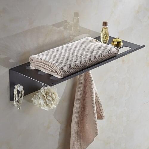 Bathroom black shelf with towel bar, space aluminum shelf, towel rack