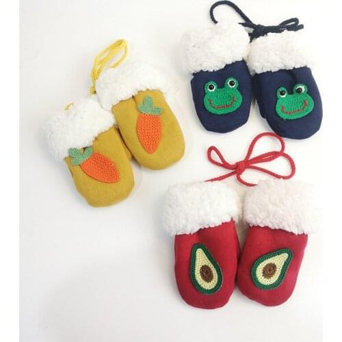 Kids Gloves For Boys Girls Cartoon Pattern Warm Mitten With Hanging Ropes Fingerless Velvet Solid Children Gloves Christmas Gift