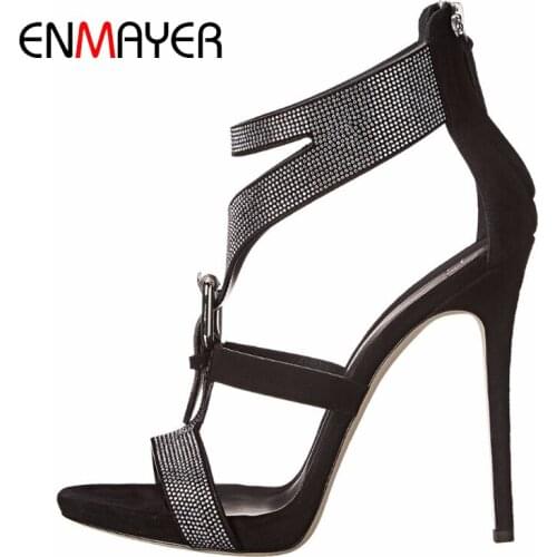 ENMAYER Zip PU Sexy Platform Sandals Cover Heel Basic Sequined Cloth Stripper Shoes Crystal Solid Thin Heels Shoes Woman 34-43
