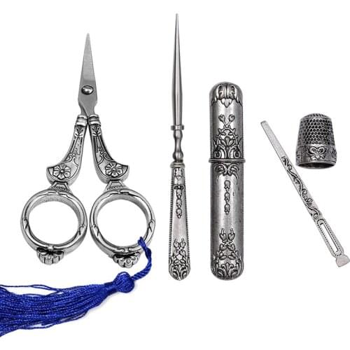 LMDZ Embroidery Scissors and Case,Complete Vintage Sewing Tools with Sewing Needle Case,Awl,Finger Cot for Sewing,Cutting Craft