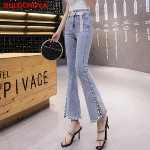 BULOCHOVA Fashion Pearls Split Flared Jeans With Belt Women Chic High Waist Casual Large Size Cowboy Slim Flare Pants 2021 New