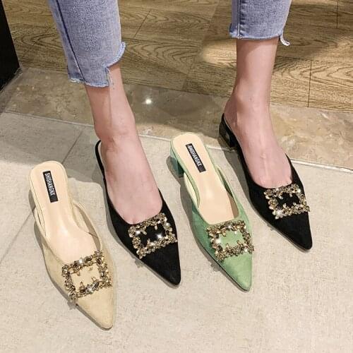 2021 Summer Fashion High Heels Solid Mules Leather Shoes for Women Indoor Outdoor Office Slippers Sexy Ladies Slides Sexy Mules