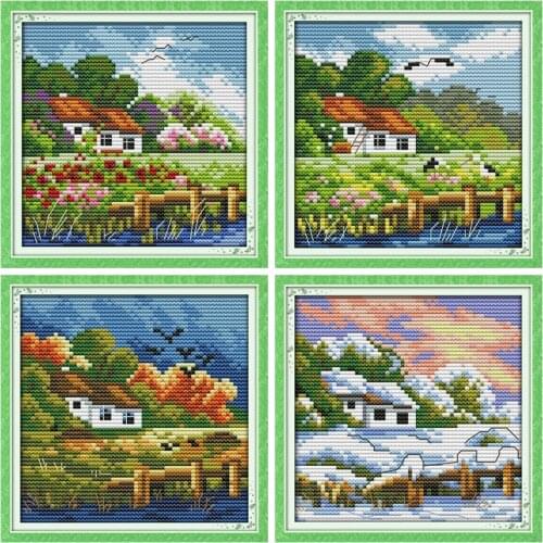 The four seasons scenery cross stitch kit autumn winter count 14ct 11ct hand embroidery DIY handmade needlework supplies plus