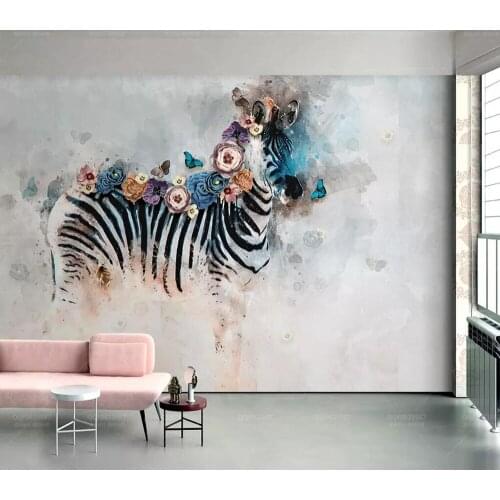 New vintage hand-painted oil painting watercolor zebra flower animal background wall 3D murals