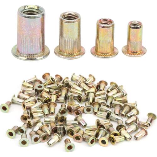 100Pcs Fastener Rivet Nut Color Zinc Plated Flat Head Threaded Insert Nutsert Kit Hardware Accessories