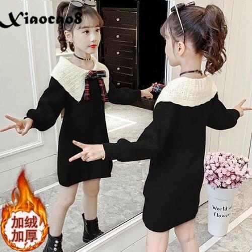 Autumn Winter Kids Girls Velvet Dresses for Girls Turn-down Collar Bow Princess Dress Toddler Fall Clothes Christmas Party Dress