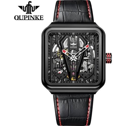OUPINKE Men Mechanical Watch Skeleton Steampunk Design Automatic Sapphire Crystal Square Leather Transparent sport Wristwatch