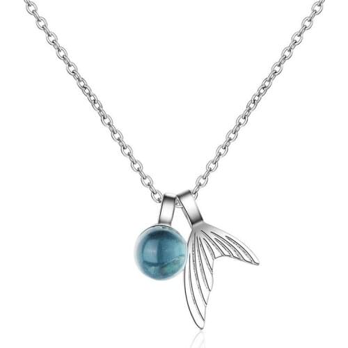 Blue Crystal Ball & Tiny Silver Color Whale Tail Pendant Choker Necklaces Fashion Link Chain Necklace Jewelry Gifts for Women