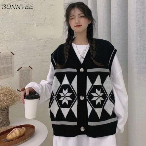 Sweater Vest Women Autumn Harajuku Lovely Teenagers Black Sleeveless All-match V-neck Female Knitwear Aesthetic Vintage Clothing