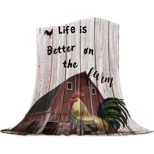 Farm Rooster Barn Vintage Wood Planks Coral Fleece Blanket Cover Bed Flannel Sofa Blanket Small Blanket for Kids Home Textile
