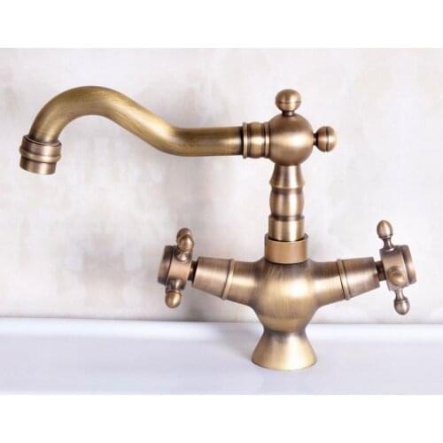 Vintage Retro Antique Brass Dual Cross Handles Bathroom Kitchen Basin Sink Faucet Mixer Tap Swivel Spout Deck Mounted mnf248