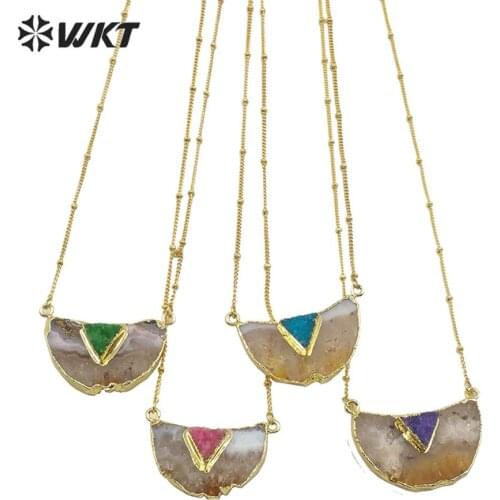 WT-N1208 Crescent natural yellow cit rine quartz stone colorful triangle stone with gold electroplated chain fashion necklace