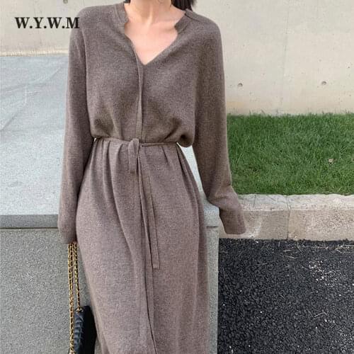 WYWM 2021 Autumn Belt Knitted Dresses Women Korean Fashion High Waist Bottoming Long Elegant Winter Sweater Straight Pullovers