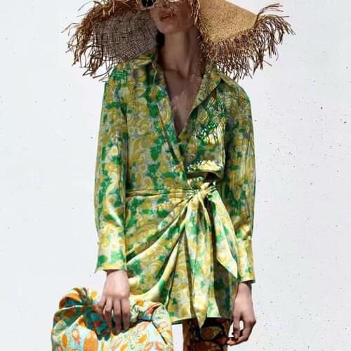 ZA Summer Women Bow Dress 2021 New Floral Long Sleeve Casual Party Vestido Elegant Turn Down Collar Loose Mini Girls Outfits