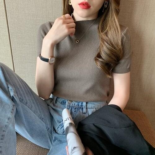 Summer Korean simple round neck pullover sweater women short-sleeved slim temperament all-match slim fit 2021 fashion sweater