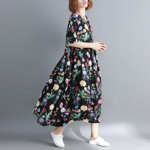 2021 New Summer Women O-neck Print Holiday Beach Lady Mid-calf Sundress Loose Casual Maxic Long Female Dress