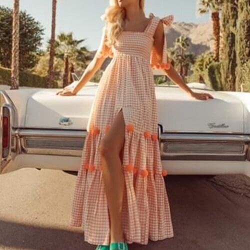 Bohemian Style Plaid Print Women Floor-length Dress Hottest Lace-up Spaghetti Strap High Waist Split A-line Dresses 2021 Summer