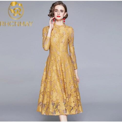 2021 New Summer Temperament Women Lace Slim Long Dress Elegant Vintage Designer Yellow /Blue Lace Over The Midi A-Line Dress