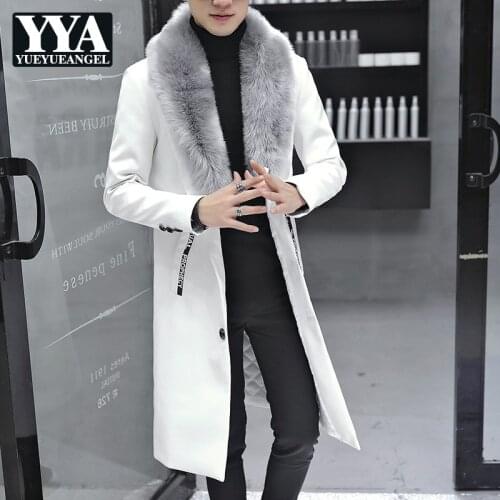 Winter Mens Thick Warm Padded Long Trench Coat Slim Fit Fur Collar Pu Leather Overcoat Single Breasted High Street Windbreaker