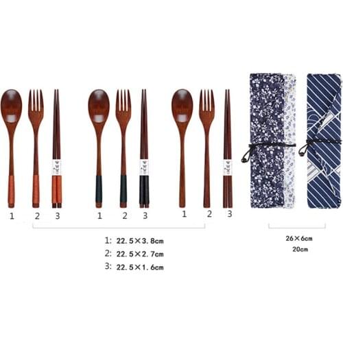 Japanese Vintage Portable Wire Wrapped Wooden Chopsticks Spoon Fork Tableware 3pcs Set New Gift Blue Bag