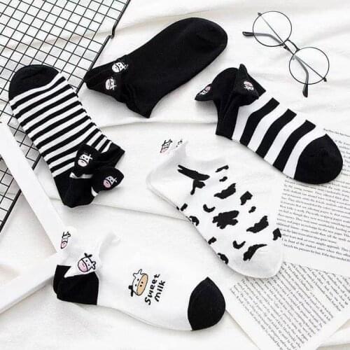 5Pair/Pack Nice Gift Polyester Cotton Ins Tide Socks Shallow Mouth Sock Cute for Summer Female Sock Cartoon Cow Embroidery