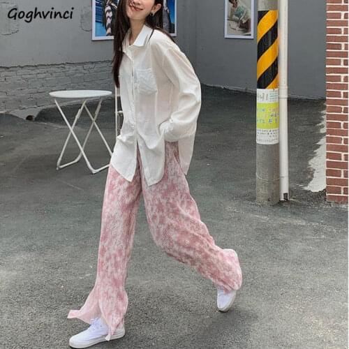 Tie Dye Casual Pants Women Pleated Split Fork High Waist Straight Large Size Streetwear Vintage All-match Fashion Korean Style