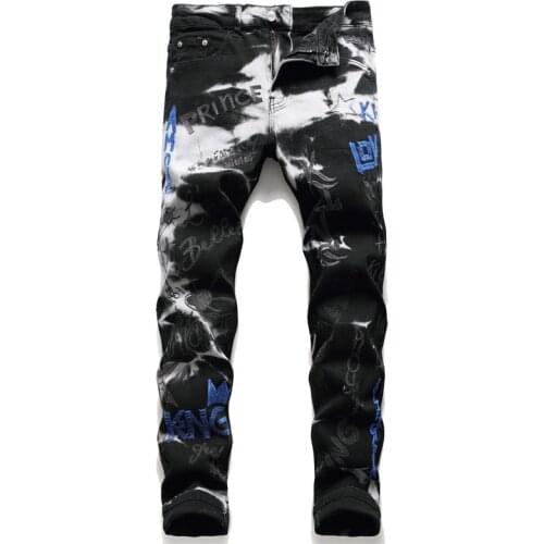 Design Jeans Hombre New Fashion Men Pants With Holes Sticking Cloth Elastic Letter Embroidery Small Foot Jeans Hip Hop Jeans Men