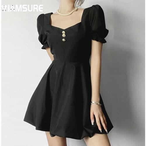 IAMSURE Vintage Puff Sleeve Party Dress Slim Square Collar Short Sleeve A-Line Mini Dresses Women 2021 Fashion Casual Streetwear