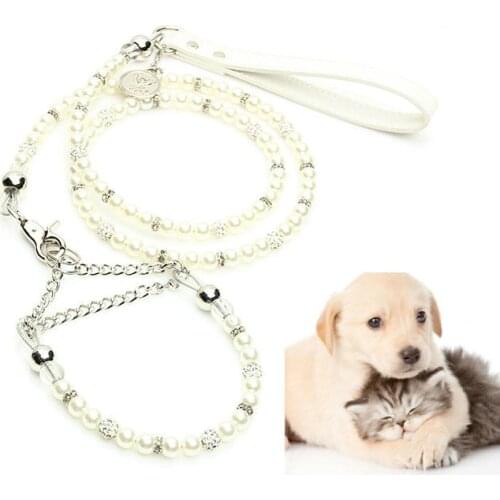 Luxury Pearls Pet Collar Leash Set Walking Jogging Outdoor Necklace Beads Collars Rope for Dog Cat Collar Chain