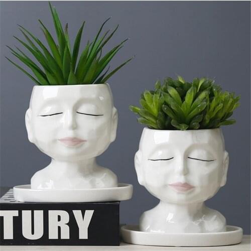 Creative Ceramic Flower Pots Art Portrait Mini Succulent Plant Pot with Tray Personality Vase Home Balcony Decoration