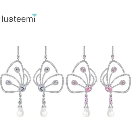 LUOTEEMI Sweety Butterfly Micro Paved Cubic Zirconia With Imitation Waterdrop Pearl Long Dangle Wedding Earrings For Women