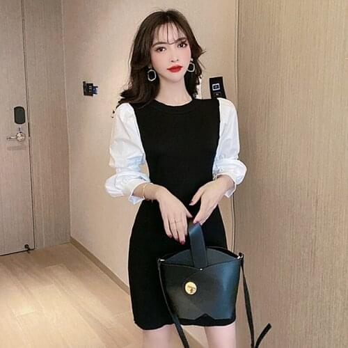 Korean Mini Knitted Dress Women Summer Fashion Puff Sleeve Dresses plus size Streetwear black Dress vestidos