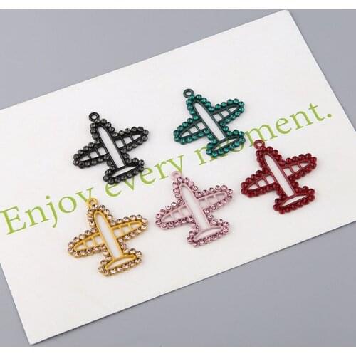 Mini Order 5pcs 32*33mm crystal Rhinestone Cute Fly Charms Kawaii Rubber Alloy Airplane DIY Jewelry Findings Ornament Accessory