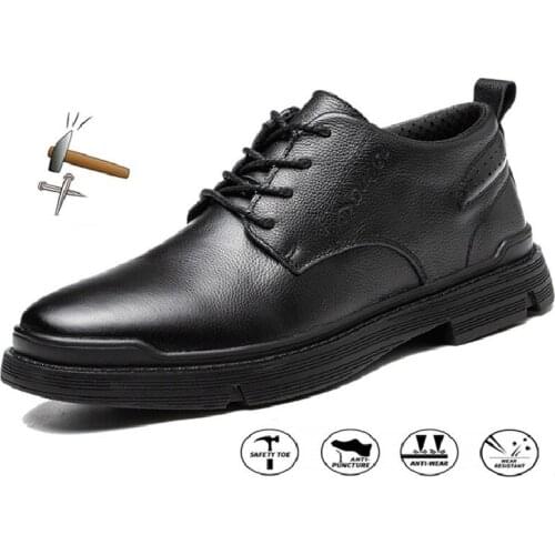Men Safety Shoes Work Safety Boots Steel Toe Shoes Mens Boots Anti-Smashing Work Shoes Light Genuine Leather Outdoor Sneakers