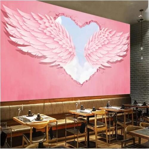 Modern Fashion Ins 3D Pink Heart Angel Wings Industrial Decor Wall Mural Hot Online Search Red Cafe Dessert Shop Wallpaper 3D