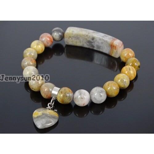 Natural Crazy Lace Ag-ate Gems Stone Heart Bar Round Beads Stretchy Bracelet Healing Reiki Chakra 5Strands / Pack