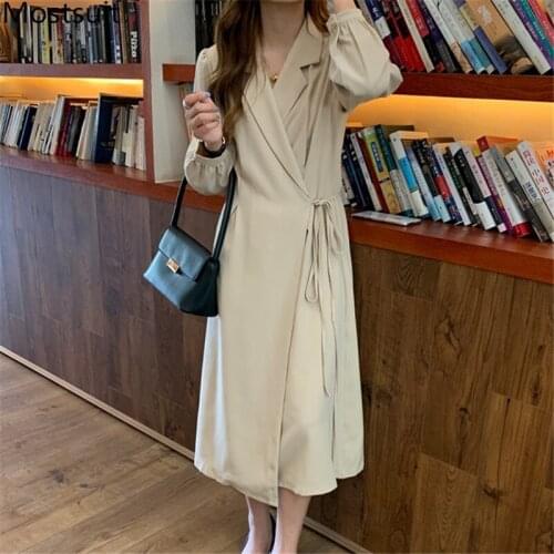 2020 Autumn Korean Vintage One-piece Suit Dress Women Long Sleeve Notched Collar Belted Stylish Dresses Elegant Ladies Vestidos