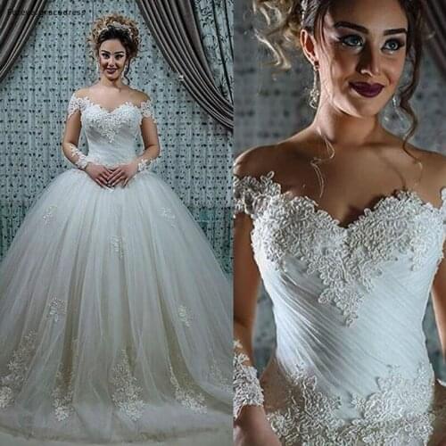 Sheer Long Sleeves Wedding Dress Ball Gown Winter Lace Applique Bridal Gown Plus Size Custom Made Vestido De noiva