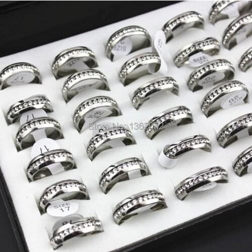 Wholesale lot 36pcs High Polished Stainless Steel Cubic Zircon Couple Rings Clear Crystal Engagement/Wedding Bands Ring MR26