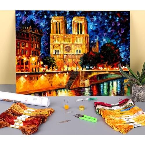 Notre Dame De Paris Printed Water-Soluble Canvas 11CT Cross Stitch DIY Embroidery Full Kit DMC Threads Painting Knitting