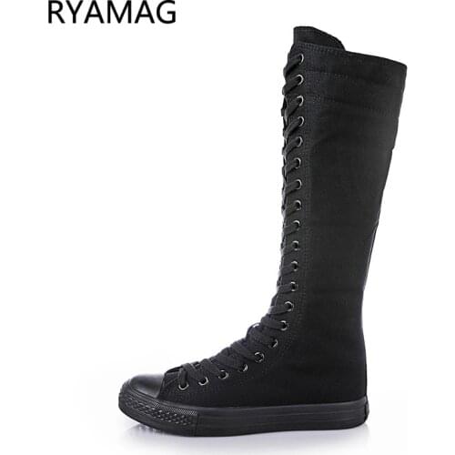 Ryamag 2021 New Womens Canvas Boots Long Boots Zip Shoes Flats Casual High Top Lace-Up Zipper Comfortable Vulcanize Sneakers