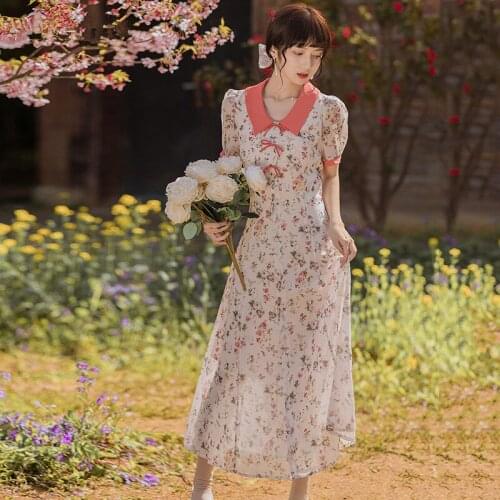 French Fairy Puff Sleeve Chiffon Floral Dress 2021 Summer New Bowknot Chic Lapel Robe Femme First Love Sweet Retro Maxi Dress