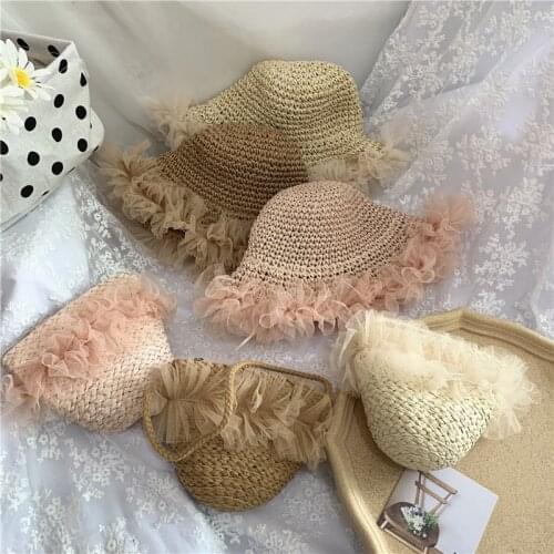 New Fashion Children Breathable Straw Hat With Bag Set Girl Lace Fairy Summer Folded Beach Cap Kids Baby Sun Caps 3-7 Years