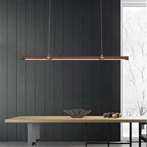 Nordic modern minimalist lamps Walnut long strip restaurant chandelier led simple solid office studio wood lighting