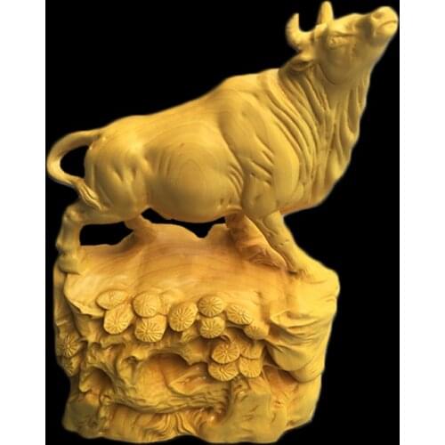 Boxwood 15cm Bull Sculpture Chinese Zodiac Wood Carving Ox Animal Statue Lucky Rich Cattle Home Decor